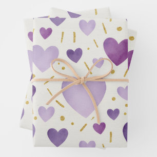 Shades of Purple Watercolor & Gold Glitter Hearts Wrapping Paper Sheets