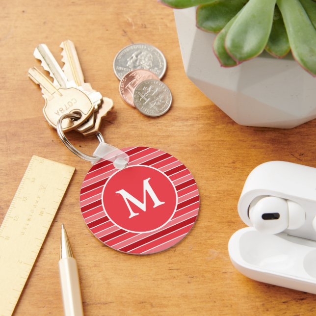 Shades of Red and White Striped Monogrammed Keychain (Desk)