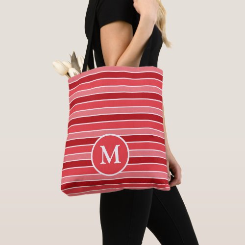 Shades of Red and White Striped Monogrammed Tote Bag