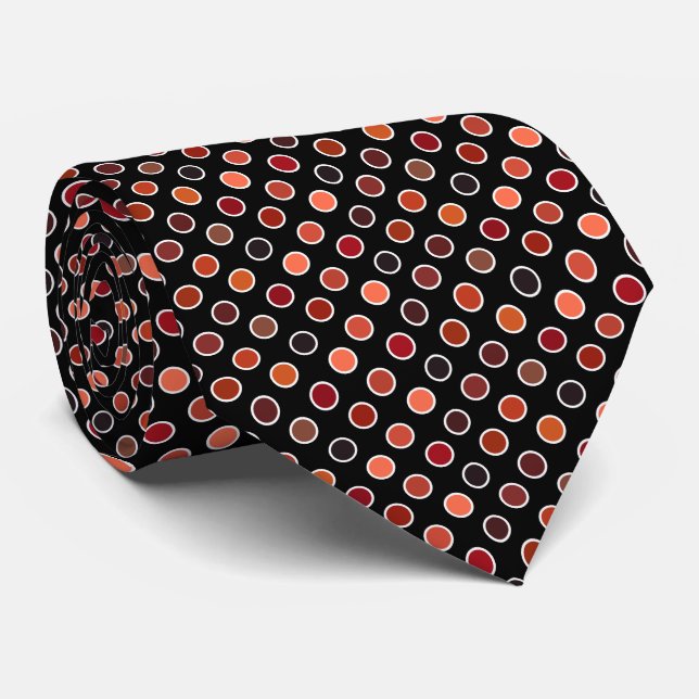 Shades of Red Salsa Polka Dots on Black Neck Tie (Rolled)