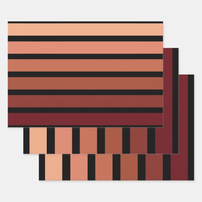 Shades Of Red Stripes On Black  Wrapping Paper Sheets (Set)