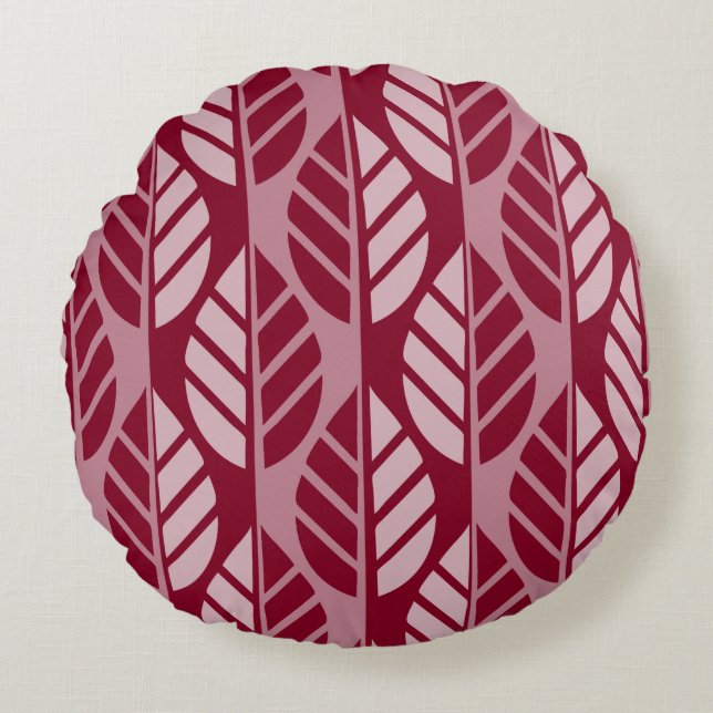 Shades of Red Stylized Leaves Pattern Round Pillow (Front)