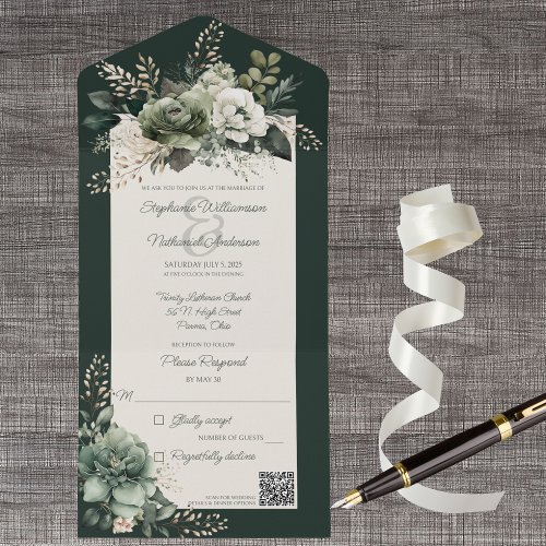 Shades of Sage Green Floral on Dark Green QR Code All In One Invitation