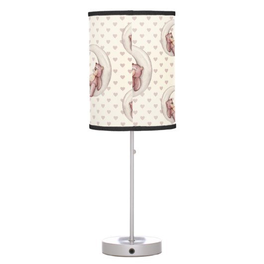 SHADES OF TAN HEARTS WITH SLEEPING BEARS ON MOON TABLE LAMP (Back)