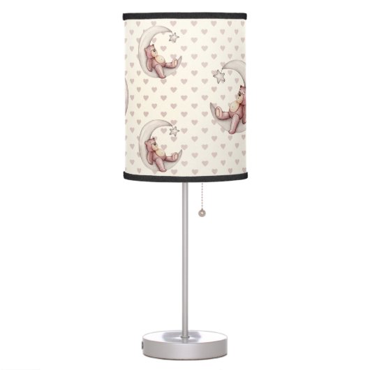 SHADES OF TAN HEARTS WITH SLEEPING BEARS ON MOON TABLE LAMP (Left)