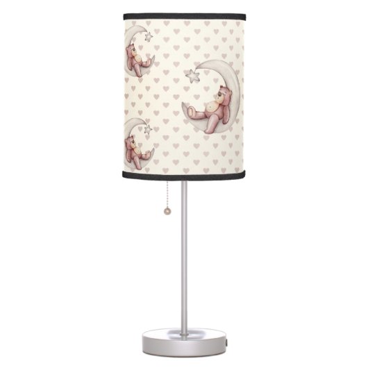 SHADES OF TAN HEARTS WITH SLEEPING BEARS ON MOON TABLE LAMP (Right)