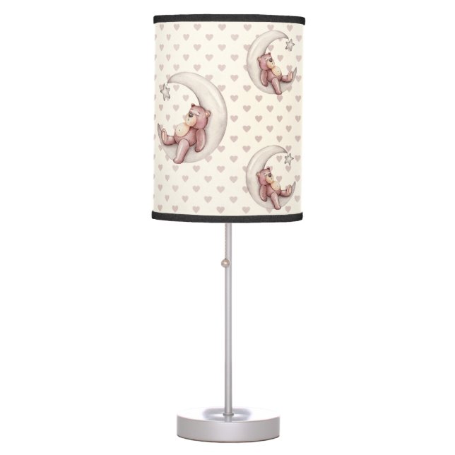 SHADES OF TAN HEARTS WITH SLEEPING BEARS ON MOON TABLE LAMP (Front)