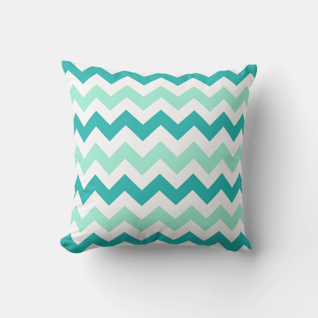 Shades of Teal and White Chevron Zig Zag Stripes Throw Pillow (Front)