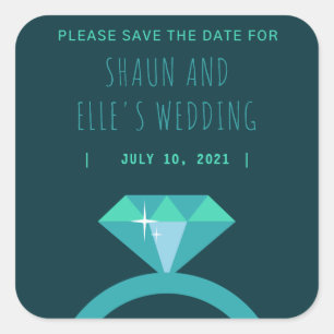 Shades of Teal Diamond Ring Save The Date Square Sticker