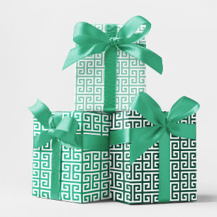 Shades of Teal Green Greek Key Wrapping Paper Sheets