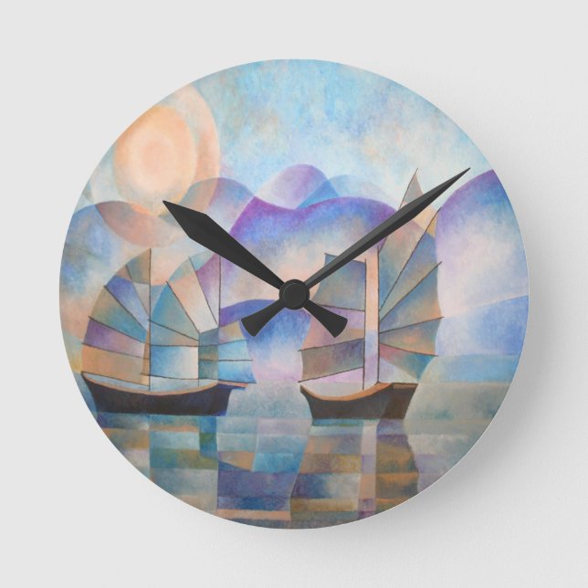 Shades of Tranquility Oriental Junks Round Clock (Front)