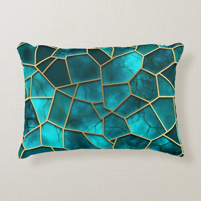 SHADES OF TURQUOISE & GOLD MOSAIC CHIP PATTERNS ACCENT PILLOW (Front)