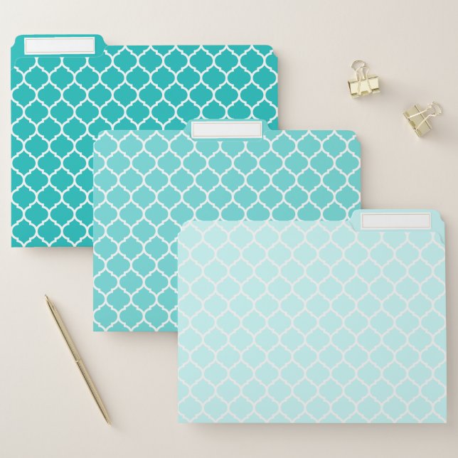 Shades of Turquoise Quatrefoil Pattern File Folder (Set)