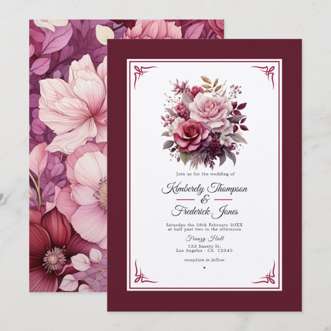 Shades of Wine Floral Wedding Invitation (Front/Back)