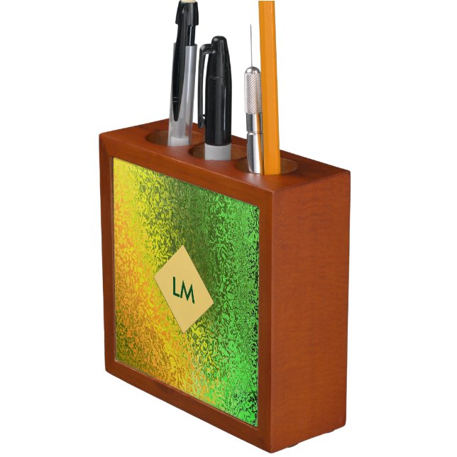 Shades of Yellow and Green Monogram Desk Organizer (In Situ)