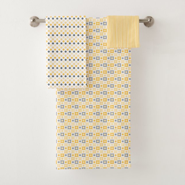 SHADES OF YELLOW GRAY BLACK PATTERNS BATH TOWEL SET (Insitu)