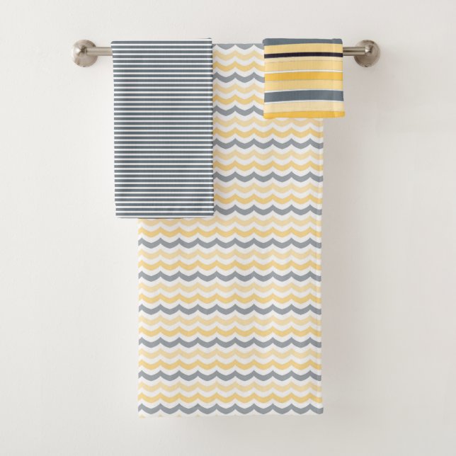 SHADES OF YELLOW & GRAY PATTERNS BATH TOWEL SET (Insitu)