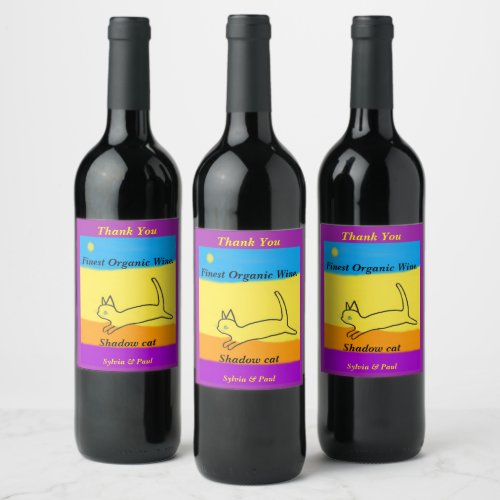 Shadow black cat runs yellow orange purple sand wine label