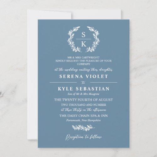 Shadow Blue Laurel Wreath Monogram Wedding Invitation