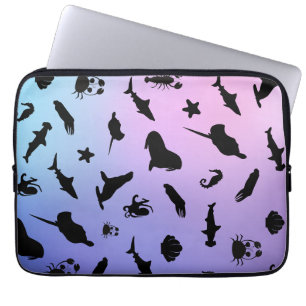 shadow fish shark seal whale crab on galaxy ocean laptop sleeve