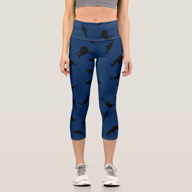 Shadow fish shark whale on gradient blue Ocean Capri Leggings (Front)