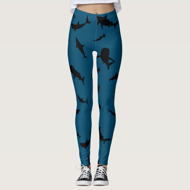shadow fish shark whale on gradient Blue Ocean Leggings (Front)