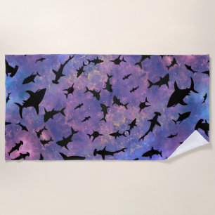 shadow fish shark whale on gradient galaxy beach towel