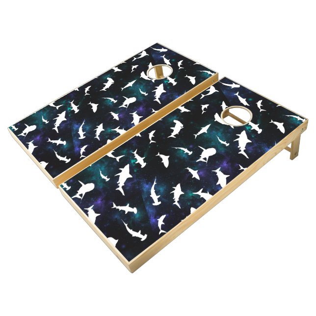 shadow fish shark whale on gradient galaxy  cornhole set (Angled)