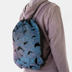 shadow fish shark whale on gradient galaxy drawstring bag