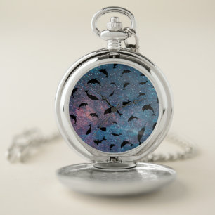 shadow fish shark whale on gradient galaxy pocket watch