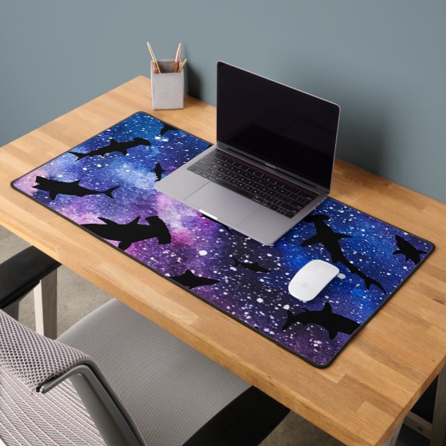 Shadow fish shark whale on gradient galaxy Space Desk Mat (Office 2)