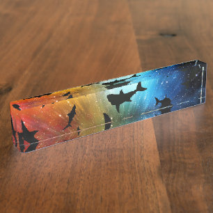 Shadow fish shark whale on gradient galaxy Space Desk Name Plate