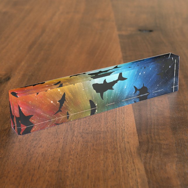 Shadow fish shark whale on gradient galaxy Space Desk Name Plate (Side)