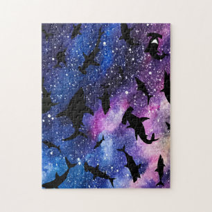 Shadow fish shark whale on gradient galaxy Space Jigsaw Puzzle