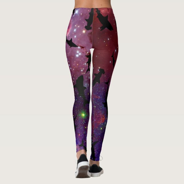 Shadow fish shark whale on gradient galaxy Space Leggings (Back)