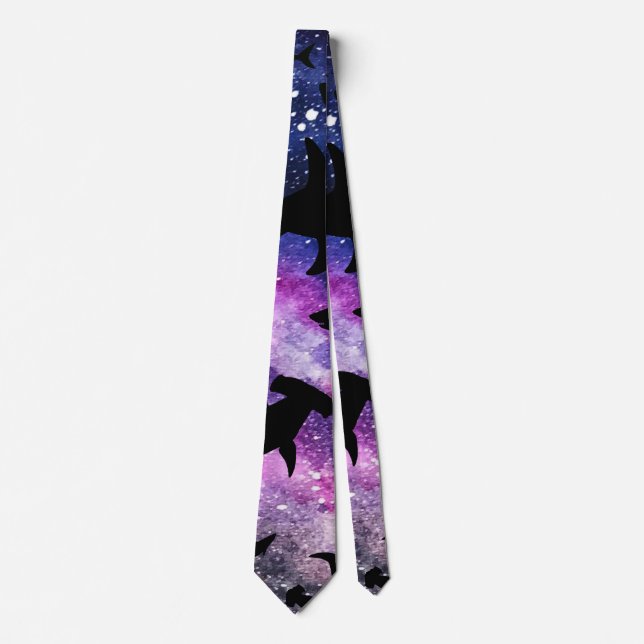 Shadow fish shark whale on gradient galaxy Space Neck Tie (Front)