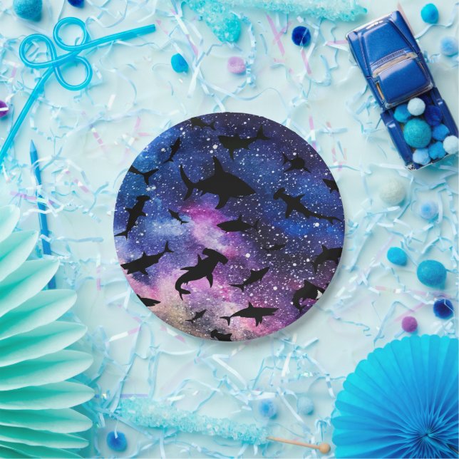 Shadow fish shark whale on gradient galaxy Space Paper Plates (Party)
