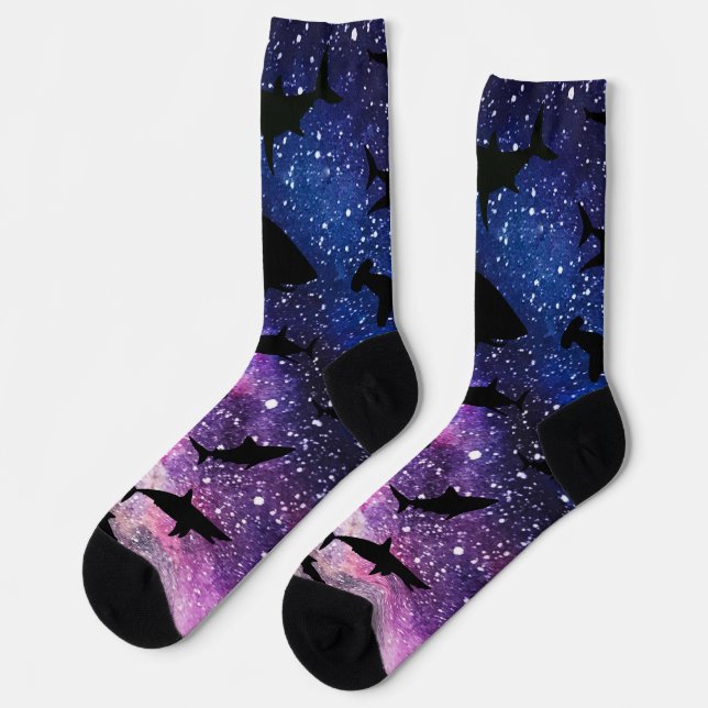 Shadow fish shark whale on gradient galaxy Space Socks (Left)