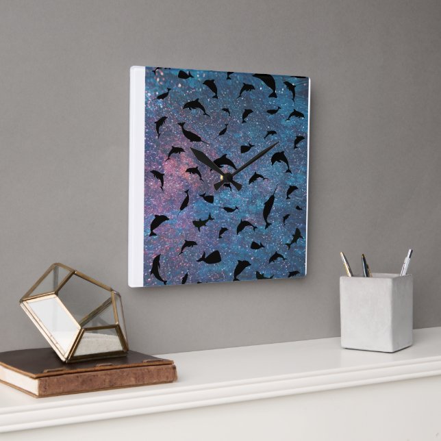 shadow fish shark whale on gradient galaxy   square wall clock (Office)