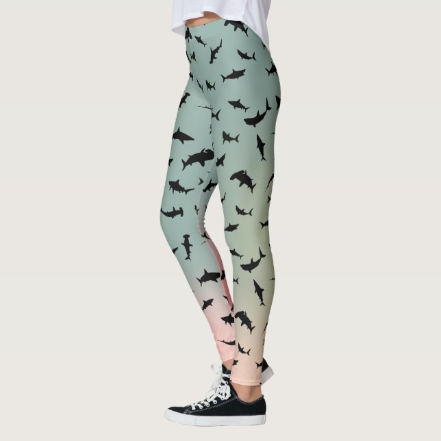 shadow fish shark whale on gradient Rainbow ocean Leggings (Left)