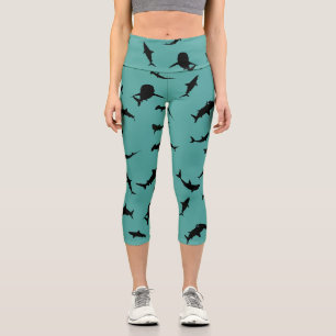 Shadow fish shark whale on Turquoise blue Ocean Capri Leggings