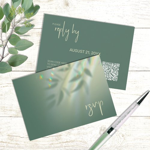 Shadow Leaf Wedding QR Code Green ID947 RSVP Card