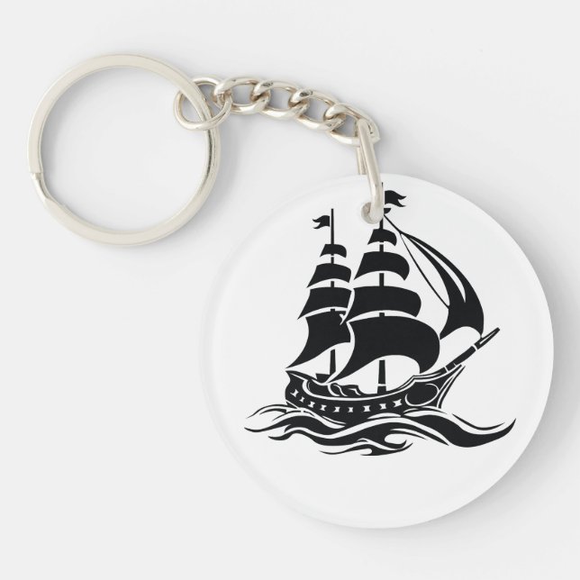 Shadow Sailing Ship – Vintage Ocean Illustration Keychain (Front)