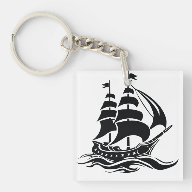 Shadow Sailing Ship – Vintage Ocean Illustration Keychain (Front)