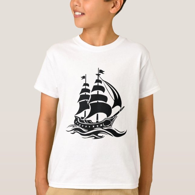 Shadow Sailing Ship – Vintage Ocean Illustration T-Shirt (Front)