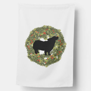 Shadow Silhouette Fluffy Tail Dog in a Wreath   House Flag