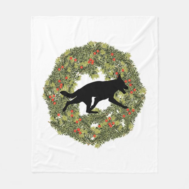 Shadow Silhouette German Shepherd Dog in a Wreath  Fleece Blanket (Front)