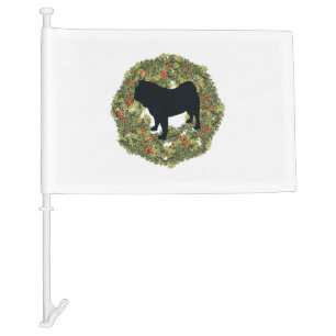 Shadow Silhouette Pug Dog in a Wreath Car Flag