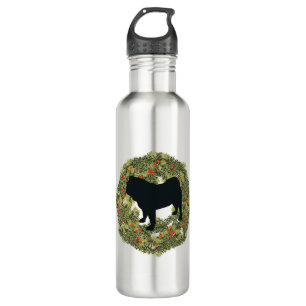 Shadow Silhouette Pug Dog in a Wreath   Stainless Steel Water Bottle