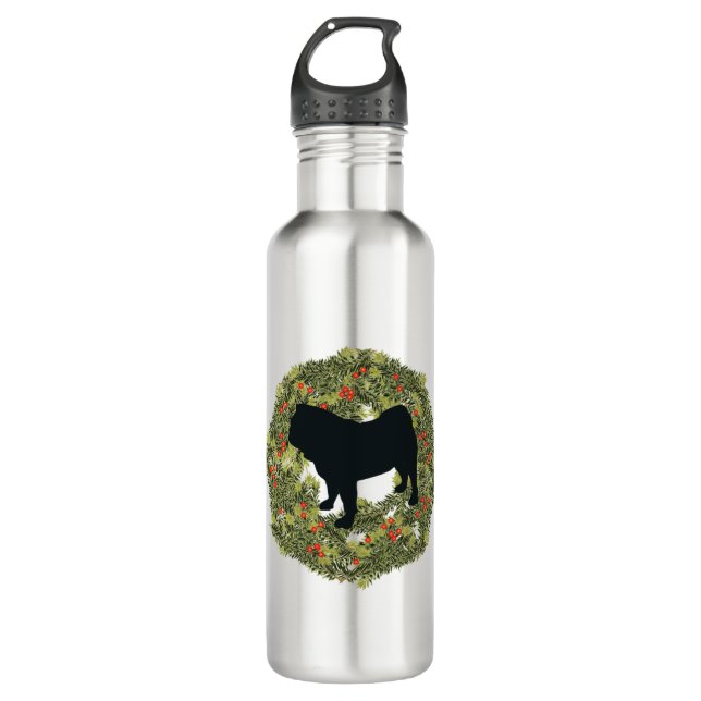 Shadow Silhouette Pug Dog in a Wreath   Stainless Steel Water Bottle (Front)